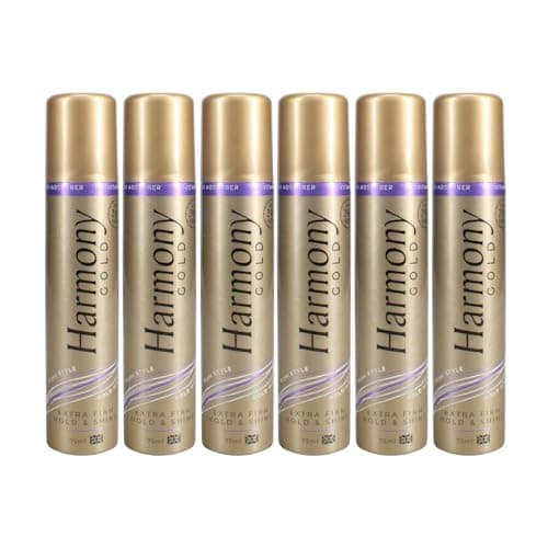 Image of Harmony Haircare Gold Extra Firm Hold & Shine Hairspray, Long-Lasting for Up to 24-Hour, with UV Absorbers, Provitamins and Argan Oil, 6 x 75ml