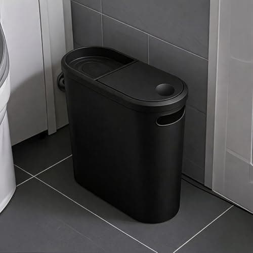 Image of Livhome 10L Slim Bathroom Bin, Narrow Plastic Trash Can with Touch Top Lid & Handle, Slimline Kitchen Bin, Compact Design Waste Bin, Small Space Storage for Bathroom, Bedroom, Office (Black)