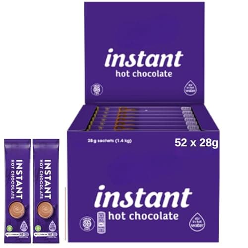 Image of 52x Dairy milk Instant Hot Chocolate Sachets 28g – Bulk Pack of 50 with Extra 2 – Quick Grab-and-Go Hot Drink for Kids Office, Hospital Guests, Schools, Visitors, Christmas Eve Treats, Corporate