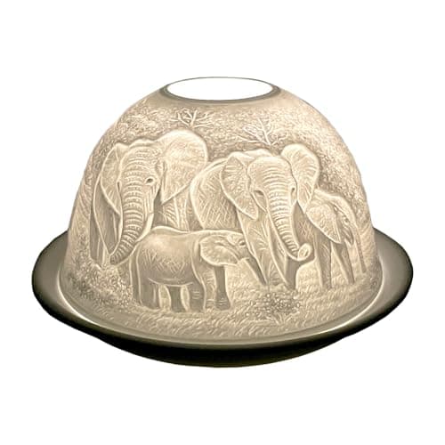 Image of Cello Porcelain Tealight Holder Dome - Elephant Family Design with 3D Projection Image for Scented Unscented LED Candle Wax Warmer Gift Ornament for Home Bedroom Birthday Present Mum Dad