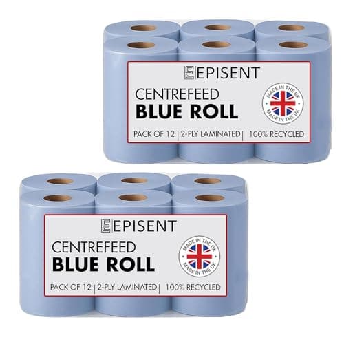 Image of EPISENT Blue Roll Pack of 2, 2 Ply Centre Feed Paper Towels, Super Absorbent Commercial Cleaning Roll for Kitchen Garage Workshop and Dispensers, Food Prep Safe Recyclable