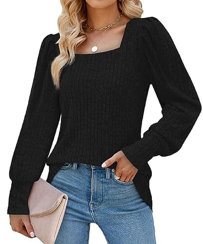 Image of Aokosor Tops for Women Long Sleeve Ladies Square Neck Jumpers Puff Sleeve Sweatshirts Black Size 22-24