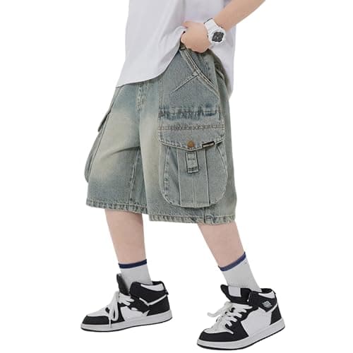 Image of Rolanko Boys Baggy Jeans Shorts, Elastic Waist Pull on Wide Leg Knee Length Summer Denim Shorts for Tween Kids, Blue Cargo, 13-15 Years, 170