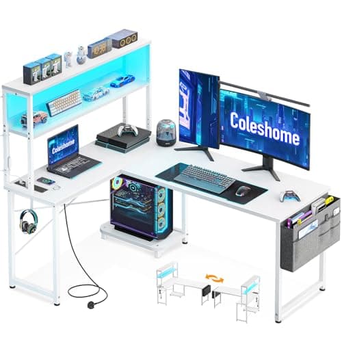 Image of Coleshome L Shaped Gaming Desk with LED Lights & Power Outlet, 135 × 100 cm Reversible Computer Desk with Shelves, Corner Desks with Storage Bag & Hook for Home Office, White