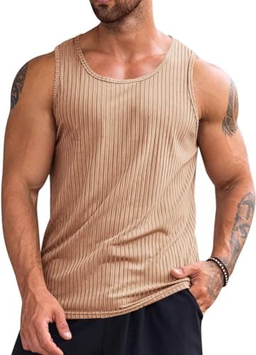Image of Runcati Men's Tank Top Fitness Muscle Shirt Gym Underarm Shirts Workout Tank Shirt Bodybuilding Sleeveless Shirt Sports Vests, khaki, L
