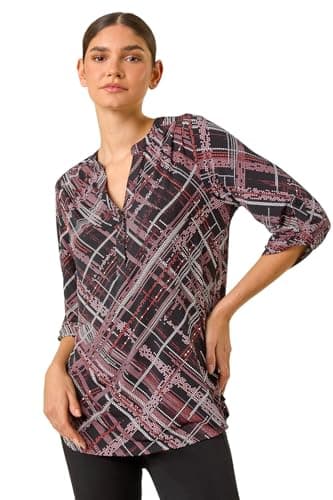 Image of Roman Shirt for Women UK Ladies Top Collarless Blouse Stretchy Tunic Smart Casual Autumn Winter Jersey 3/4 Length Sleeve Notch V Neck Flattering Office Work - Mocha Multi - Size 18