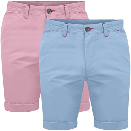 Image of Mens 2 Pack Stretch Chino Shorts Cotton Twill Red Detailing Combat Style Accents Casual Above Knee Summer Wear, Baby Pink & Ice, 38W