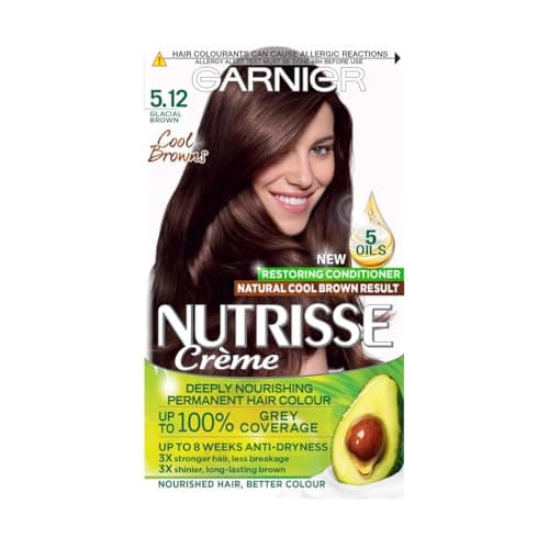 Image of Garnier Nutrisse Ultra Crème Vegan Hair Dye, 5.12 Glacial Brown. Offers 100% grey coverage and cool, sophisticated 8-week colour. This no-ammonia, vegan formula cares for your hair while coloring.