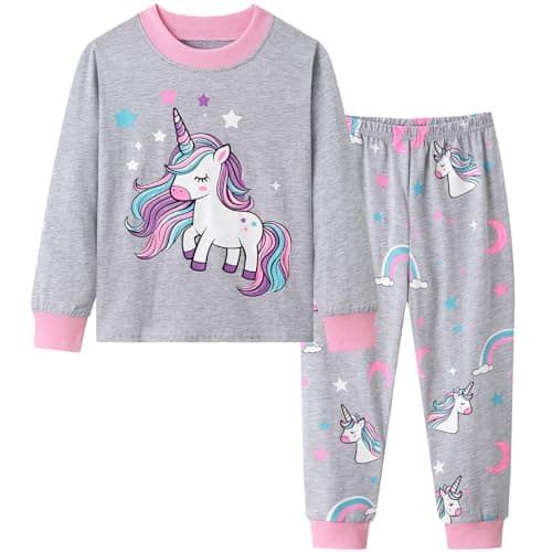 Image of Dinopjs Girls' Pyjamas Set Unicorn Long Sleeves Cotton Sleepwear Cartoon Casual Pajama Girls Pjs Outfit Sleepcoat Children Sleep Wear Spring, Autumn, Winter Clothes for Kids, Grey