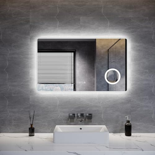 Image of ELEGANT 1000 x 600 mm Bathroom Mirror with LED Lights and 3x Magnifier, LED Bathroom Wall Mirror with Shaver Socket, Demister Pad, 3 Colors Dimmable, Touch Control & Memory Function, IP44