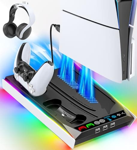 Image of PS5 Stand for Disc & Digital Console, Cooling & Charging Station with 3-Stage Fan, Controller Charger for PS5 and Edge Controller, Pro Accessories with 3 Charging Ports