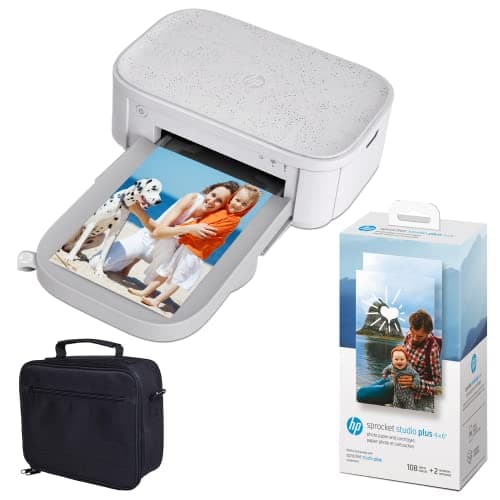 Image of HP Sprocket Studio Plus 4x6” (10.2x15.2 cm) Wireless Instant Photo Printer Wi-Fi, Dye Sublimation, Color Pictures - Bundle: Printer, Case and Photo Paper