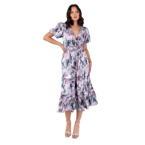 Image of Lovedrobe Women's Midi Dress V-Neck Short Puff Sleeve Wrap Shirred Waist Floral Print Ruffle Fit and Flare Wedding Guest, Purple 48, Purple, 22
