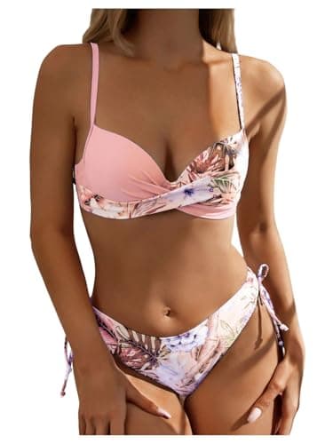 Image of GORGLITTER Women's Push Up Swimwear Tropical Floral Wrap Criss Cross Tie Side Hipster 2 Piece Vacation Bikini Sets Pink Small