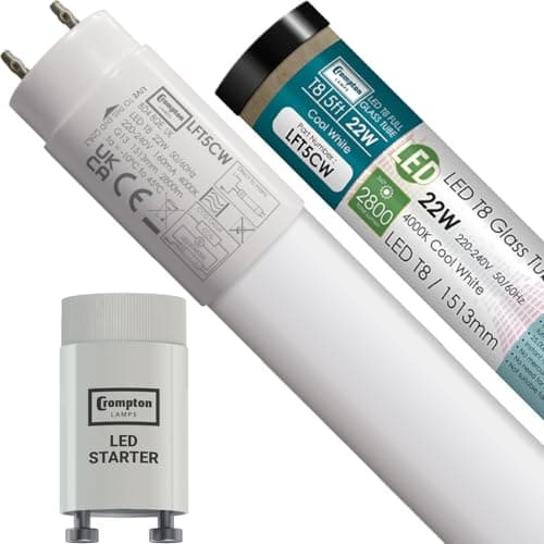 Image of Crompton Lamps 5ft LED T8 Tube, 4000K Cool White, 22W (58W Equivalent), Replacement Fluorescent Tubes for LED Batten Light, Ceiling Strip Lights, Garage Lighting, Includes Fluorescent Starter
