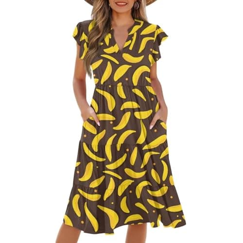 Image of ZWPINITUP Women Summer Dress Ruffle Sleeve V Neck Casual Flowy Beach Dress Holiday Summer Dress with Pocket S-2XL, banana fruit, L