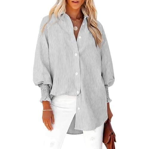 Image of ADUDVLO Striped Shirt Women Striped Button Down Shirts Long Sleeve Blouse Smocked Cuffed Oversized Womens Blouses Work Shirts for Women UK (UK, Alpha, XS, Regular, Regular, Grey)