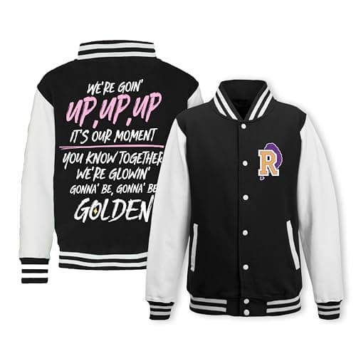 Image of K-POP Golden Lyrics Varsity Jacket, Black and White Baseball Style, Customizable Initial Design, Premium Quality Cotton Blend, Youth Fashion Streetwear (UK, Age, 6 Years, Regular, Rumi Jacket)