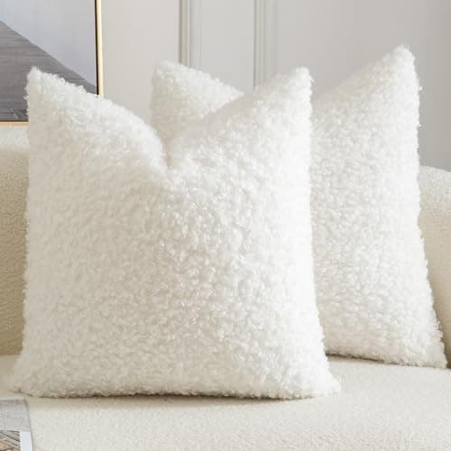 Image of YAERTUN Pack of 2 Faux Fur Cushion Covers Decorative Sherpa Boucle Throw Pillow Covers Fuzzy Soft Sheepskin Fleece Pillowcases for Couch Sofa Bed Living Room 20x20 Inch 50x50cm Cream White
