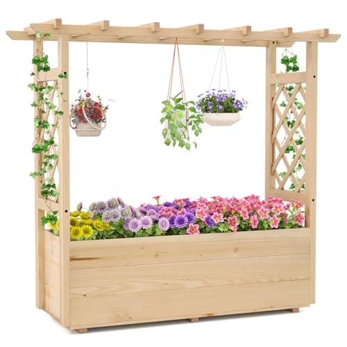 Image of COSTWAY Garden Planter with Trellis, Hanging Roof and Drainage Holes, Wooden Raised Bed for Climbing Vine Plants, Indoor Outdoor Trough Container Grow Box Flower Pot (Natural, 115 x 40 x 103 cm)