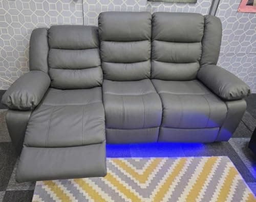 Image of Madrid Leather Electric Recliner Sofa With Cupholders - Leather Sofa - 3+2 Seater - USB Charging Ports - LED Lights (Grey, 3 Seater)