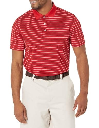 Image of Amazon Essentials Men's Golf Polo Shirt, Short Sleeve, Slim-Fit, Quick-Dry, Red White Stripes, L