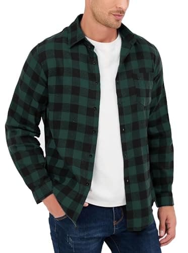 Image of Yukiuiny Men's Flannel Plaid Shirt - 100% Cotton Lumberjack Checkered Top, Breathable & Casual Long Sleeve T-Shirt Blouse-Green Black-L