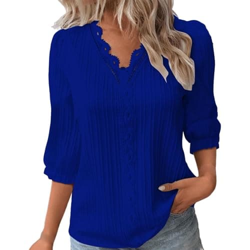 Image of Summer Tops for Women UK Sale Elegant Lace Splicing Hollow Bubble 3/4 Sleeve Solid Color Blouses V-Neck Shirt Ladies Soft Comfy Classic-Fit Dressy Casual Plain Tops for Work Office