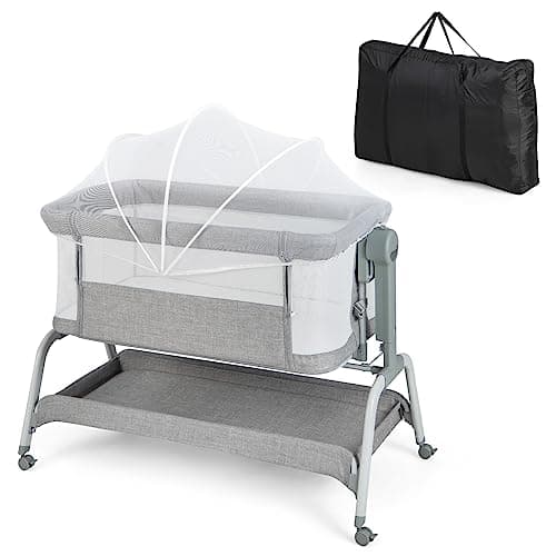 Image of GYMAX Baby Beside Crib, 4-in-1 Infant Bassinet with Detachable Net, Soft Mattress, Storage Basket and Wheels, Height Adjustable Toddler Co-Sleeping Bed (Grey), Gray