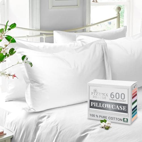 Image of Pizuna Pure Cotton Standard Pillowcases 2 Pack White 50x75cm, 600 Thread Count Long Staple Combed Cotton Crisp Pillow Cover, Soft Sateen Oxford Pillow Cases (Cooling Pillowcase)