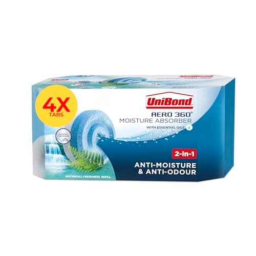 Image of UniBond AERO 360° Moisture Absorber Waterfall Freshness Refill Tab, Aromatherapy, Ultra-Absorbent and Odour-Neutralising, for AERO 360° Dehumidifier, Condensation Absorbers, Four Pack (4 x 450g)