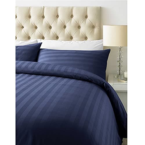 Image of Luxurious 800 Thread Count Cotton Rich Satin Stripe Duvet Bed Cover with Housewife Pillowcases | 800 TC Hotel Striped Bedding (King, Navy Blue)