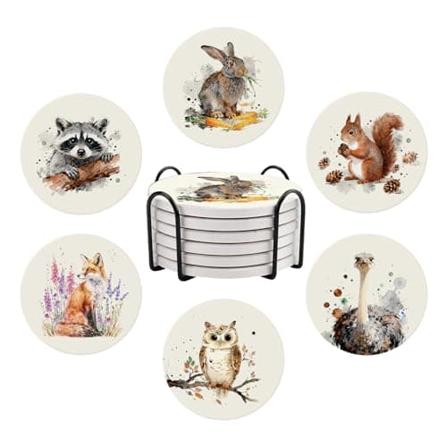 Image of Funny Animals Coasters for Drinks, Ceramic Coasters for Drinks, Set of 6 Drink Coasters with Metal Holder, Absorbent Round Non-Slip Drink Coffee Bar Mug Cup Coaster Decoration Gifts