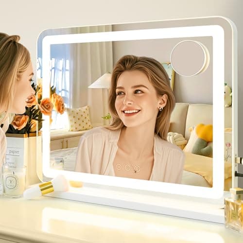 Image of Vanity Mirror with Lights, 23" x 19" Makeup Mirror with 3 Lighting Modes,Touch Sensor, 3.5" Round 15x Spot Magnification, AC-Powered, Metal Frame,Tabletop & Wall-Mounted,White- Gift-Ready for Her