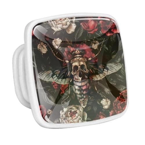 Image of lcndlsoe Red Rose Skull Hawk Moth Patterns 4 PCS Crystal Glass Cabinet Knobs, Square Drawer Kitchen Cabinets Dresser Cupboard Wardrobe Pulls Handle - Glowing in The Dark