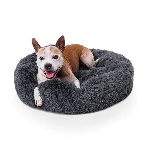 Image of Woof & Whiskers Donut Dog Bed Dark Grey Medium 60cm – Calming Round Plush Pet Bed for Dogs & Cats | Anti-Anxiety Cuddler Bed, Non-Slip Base, Soft, Machine Washable (Dark Grey, 60cm)