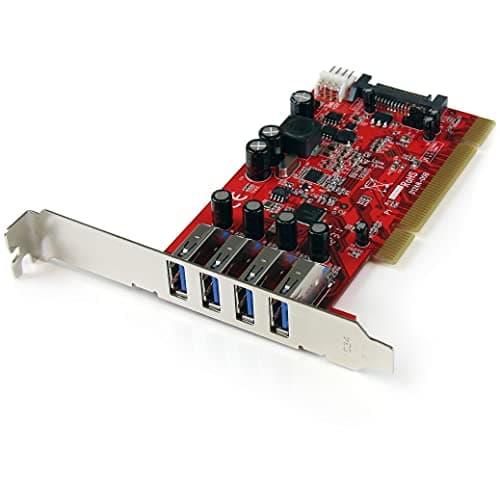 Image of StarTech.com 4 Port PCI SuperSpeed USB 3.0 Adapter Card with SATA/SP4 Power, Quad Port PCI USB-A 3.0 (5Gbps) Controller Card, Red, Windows Only (PCIUSB3S4)