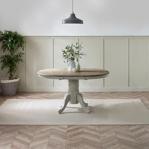 Image of Furniturebox UK 4 to 6 Seat Solid Wood Round Extending Table - Padstow Light Grey & Limewash Effect Pedestal Extendable Dining Table - Traditional Classic Farmhouse Dining Furniture - 100% Rubberwood
