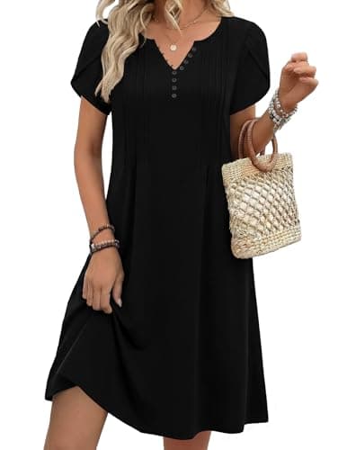 Image of Zeagoo Women's Summer Dresses Casual V-Neck Short Sleeve Dresses Tunic Button A-Line Dress with Pockets Black L