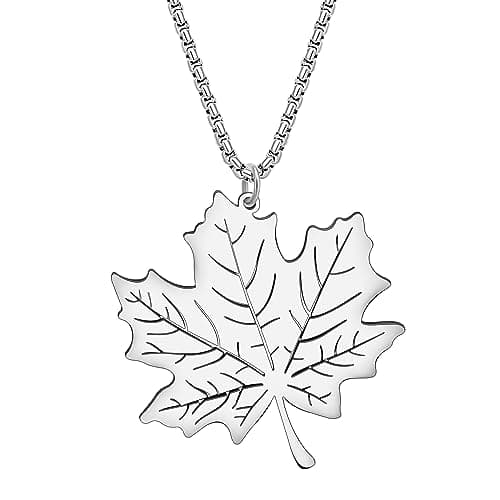 Image of SHIGIE Stainless Steel 18K Gold Silver Plated Maple Leaf Necklace Pendant Chain Fall Plants Jewellery For Women Autumn Lovers Gifts (Silver Plated)