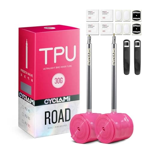 Image of CYCLAMI 1/2PCS TPU Inner Tube 700C,Metal Valve Ultralight 30g Road Bike Inner Tube Compatible with 700x18/23/25/28/30/32C Metal Presta Valve 45/65/85mm (2PCS-Presta Valve:85mm)
