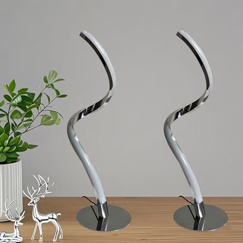 Image of 2PCSDecorative Silver Table Lamp, Miniature Bedside Lamp, 3 Color Temperature Dimmable LED Modern Simple Curved Style for Bedroom, Living Room and Office Lighting Decorative Curved Art (Chrome Silver)