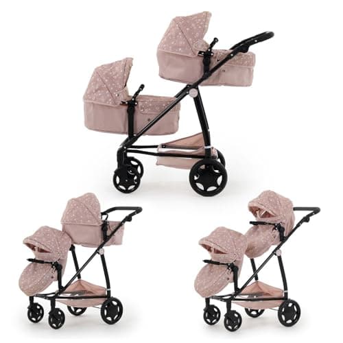 Image of Puggle 2-In-1 Dolls Tandem Pram Pushchair - Scattered Stars Pink