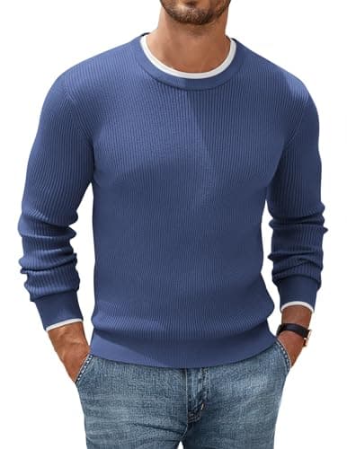 Image of COOFANDY Men's Knit Jumper Crew Neck Sweater Long Sleeve Jumpers Classic Basic Pullover Trendy Warm Tops Azureblue XL