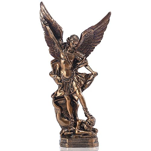 Image of QIANLING 12.5" San Miguel Archangel Statue, St Michael Statue Bronze Plated Resin St Michael the Archangel Victorious Over Satan Collection, Suitable for Collection or Decoration