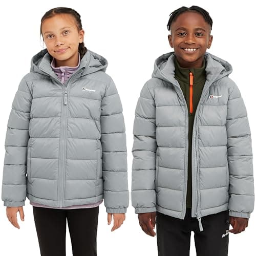 Image of Berghaus Kids' Burham Insulated Jacket with Grown on Hood & 2 Pockets, Lightweight & Water Repellent, Winter Puffer Coat for Boys and Girls (UK, Age, 7 Years, 8 Years, Regular, Grey)