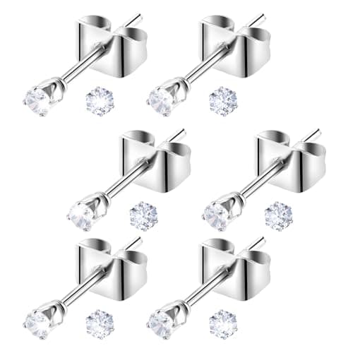 Image of 6 Pairs 2mm Small Cubic Zirconia Stud Earrings Tiny Diamond Stud Earrings Women's Stainless Steel Round Clear CZ Earrings for Men Women Dainty Cartilage Earring Stud Set