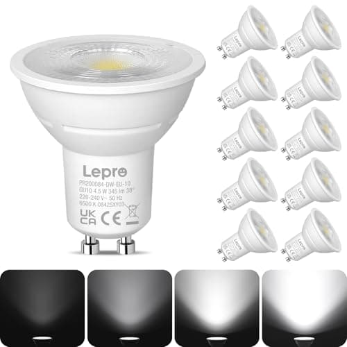 Image of Lepro GU10 LED Bulbs Dimmable, Cool White 6500K, 4.5W 345lm, 50W Halogen Spotlight Bulbs Equivalent, 38° Narrow Beam, Daylight White, GU10 LED Energy Saving Lightbulbs, Pack of 10