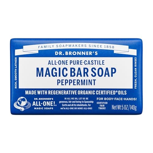 Image of Dr Bronner's Peppermint Pure-Castile Bar Soap, Made with Organic Oils with Certified Fairtrade Ingredients, Used for Body, Face and Hair, Vegan Friendly, 140g Bar