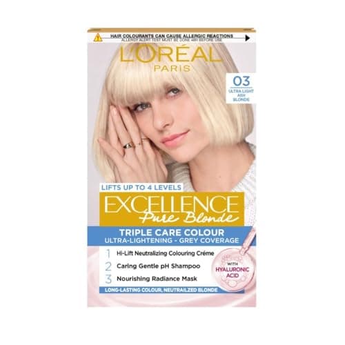 Image of L'Oréal Paris Excellence Crème Permanent Hair Dye, Radiant At-Home Hair Colour with up to 100% Grey Coverage, Pro-Keratin, Up to 8 Weeks of Colour, Colour: 03 Ultra-Light Ash Blonde